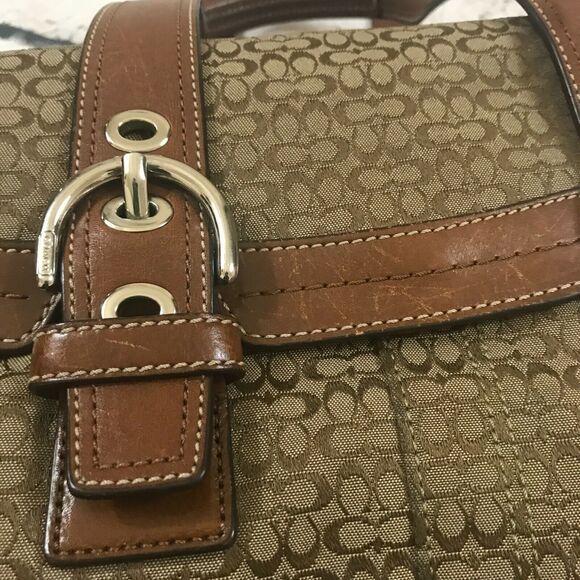 Coach Women's Purse Brown Fabric Cloth Satchel Leather Handles Trim - Picture 6 of 7